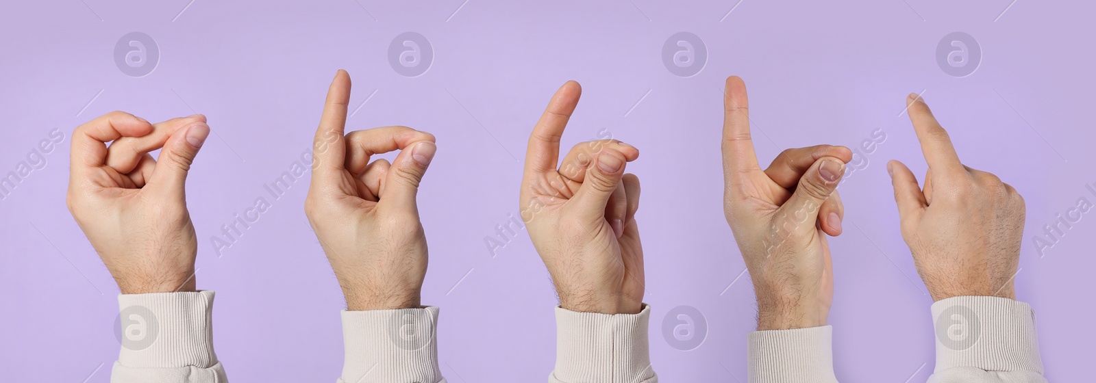 Image of Collage with photos of men snapping fingers on lilac background, closeup. Banner design