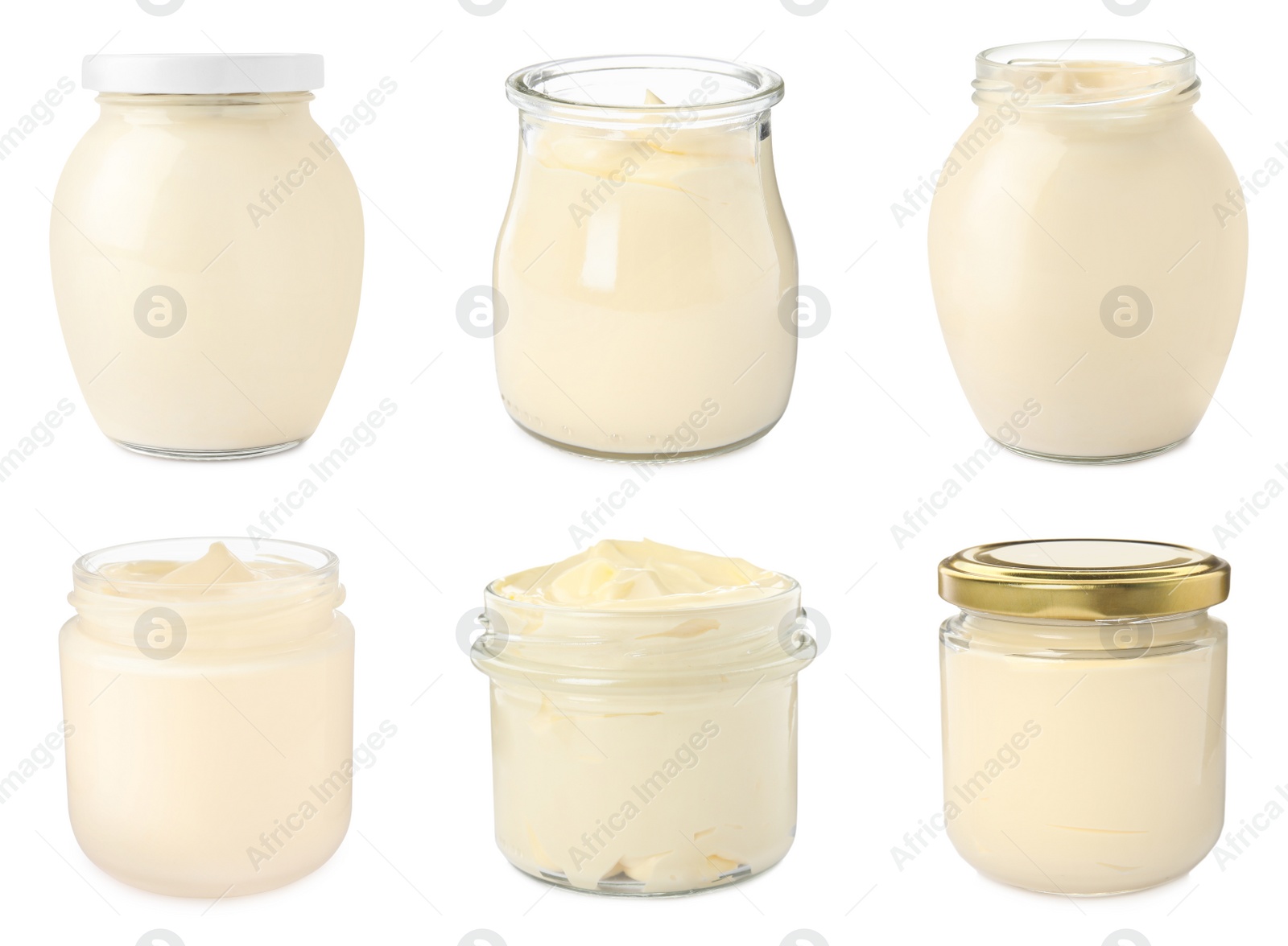 Image of Set with tasty mayonnaise on white background