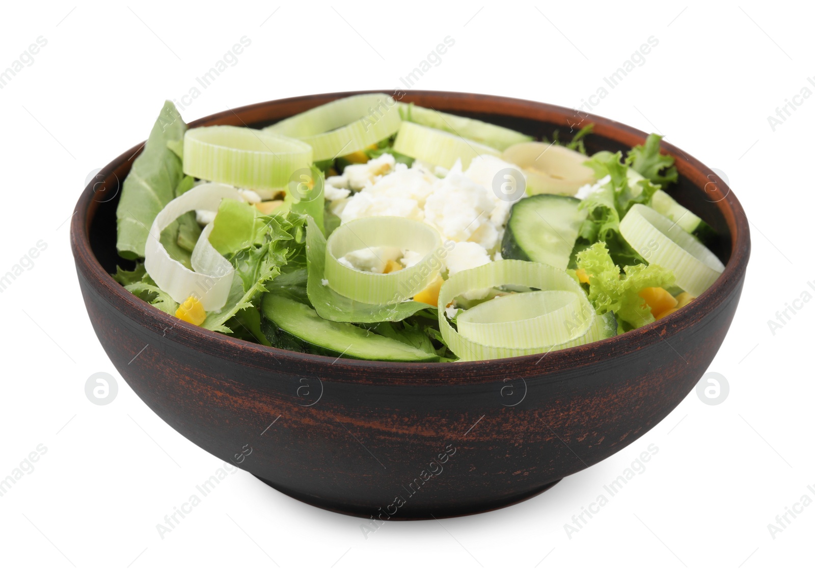 Photo of Bowl of tasty salad with leek and cheese isolated on white