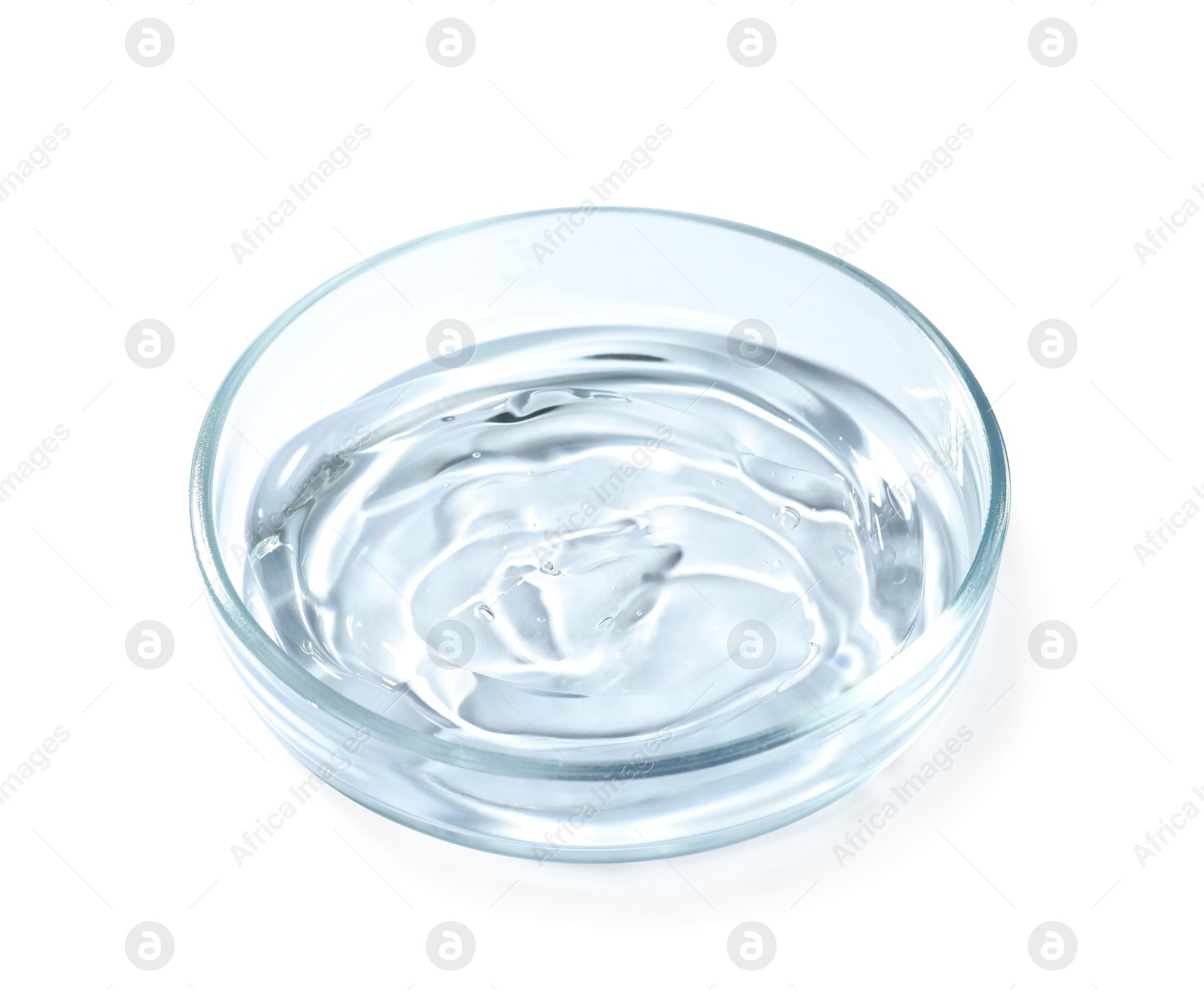 Photo of Petri dish with liquid on white background