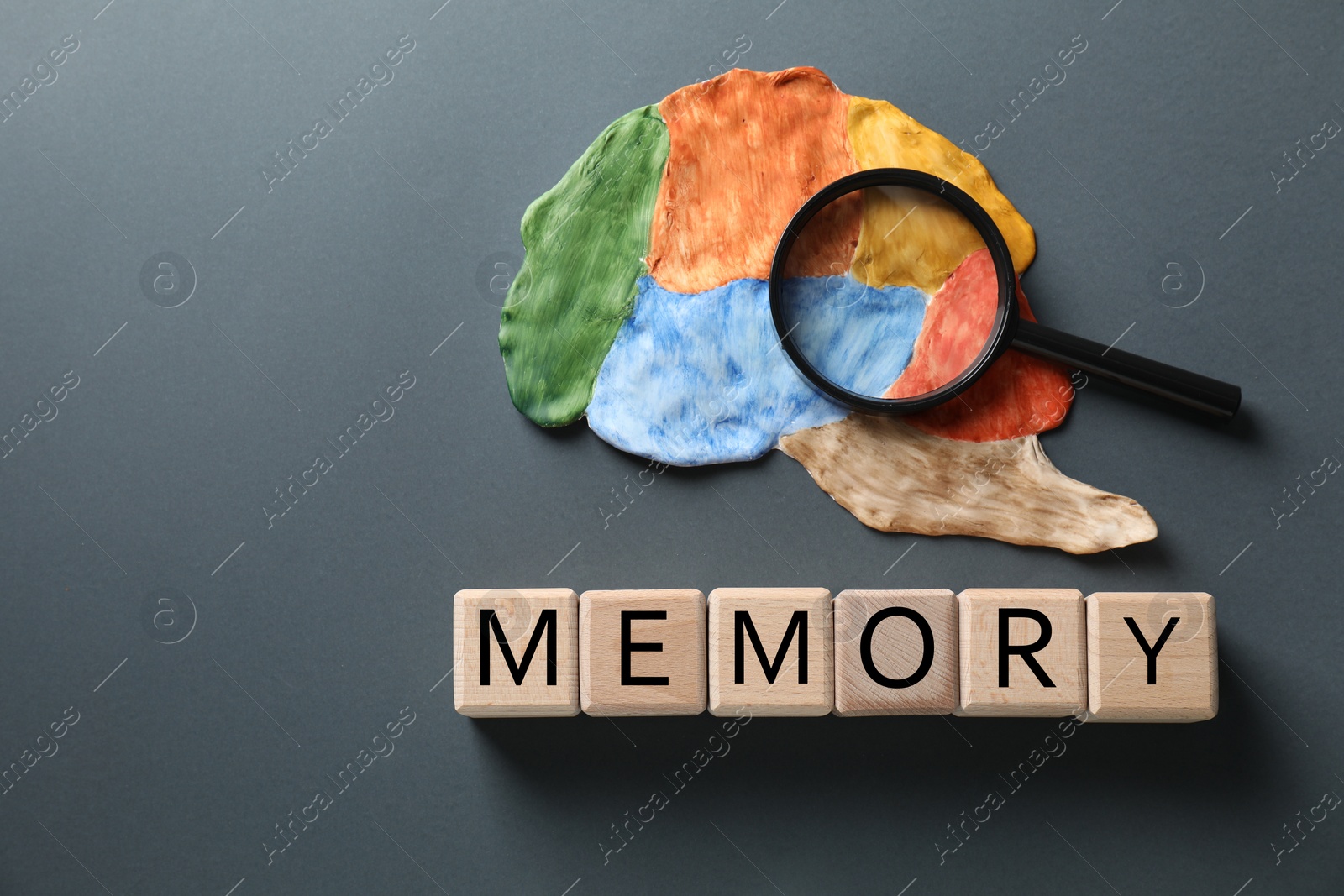 Photo of Word Amnesia made of wooden cubes, magnifying glass and brain with sections on grey background, flat lay. Space for text
