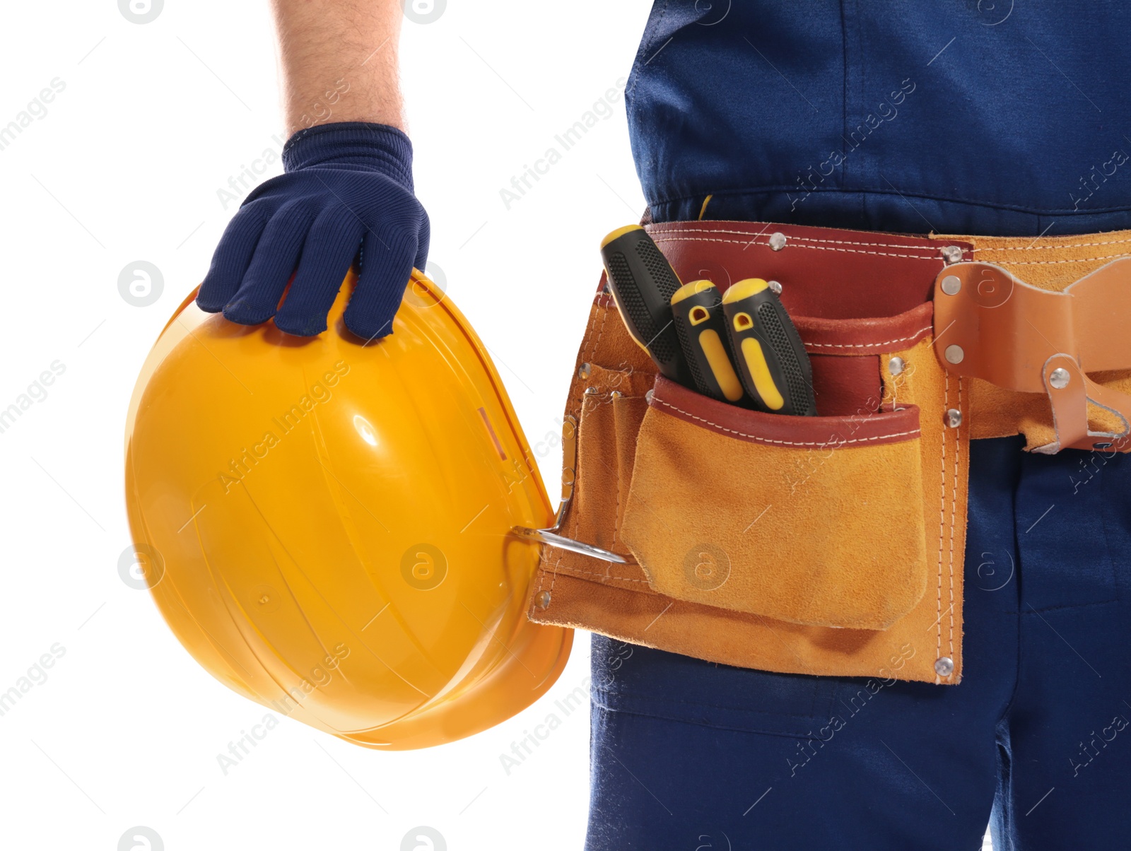 Photo of Construction worker with hard hat and tool belt on white background, closeup