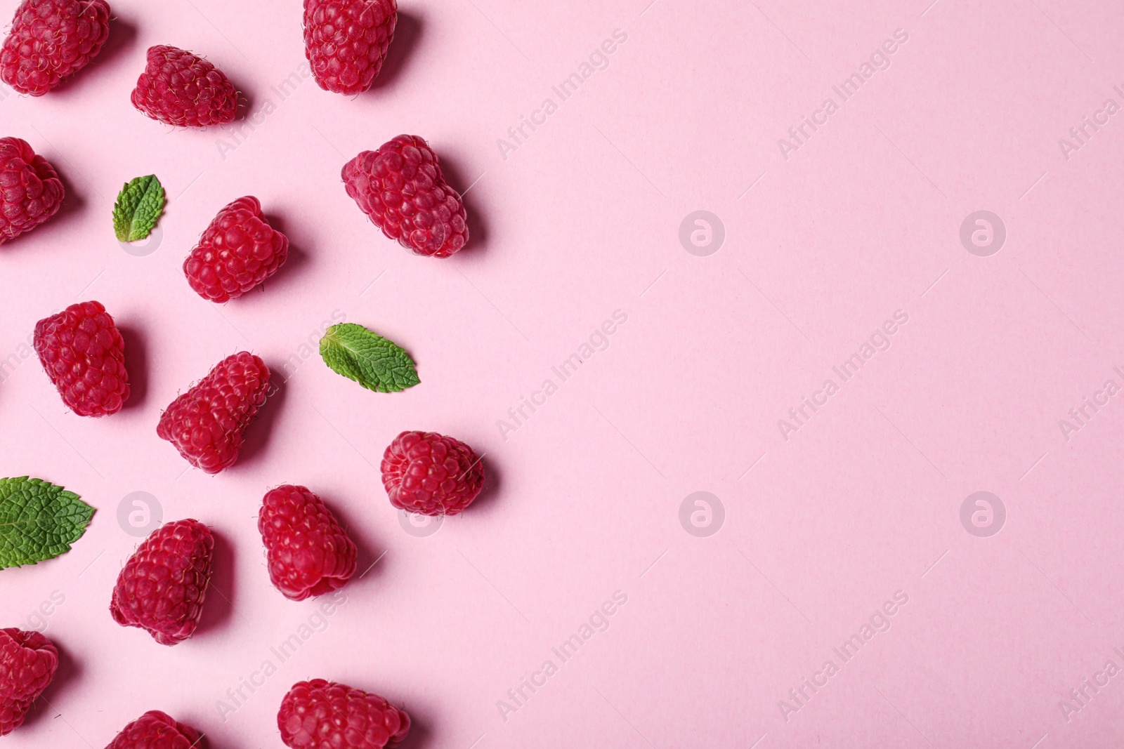 Photo of Flat lay composition with delicious ripe raspberries on pink background. Space for text