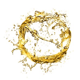 Abstract splash of golden oily liquid on white background