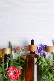 Glass bottles of aromatic essential oil and different wildflowers on white wooden table, flat lay. Space for text