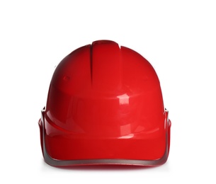 Photo of Protective hard hat on white background. Safety equipment