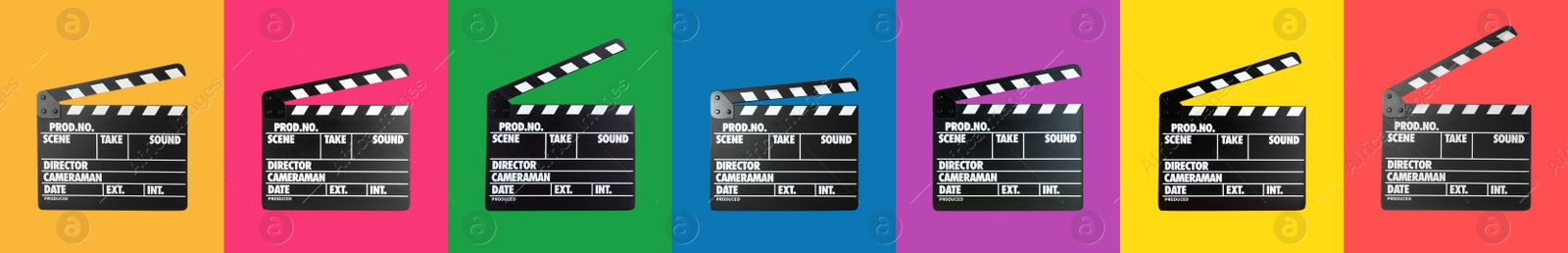 Image of Set with clapperboards on different color backgrounds. Banner design