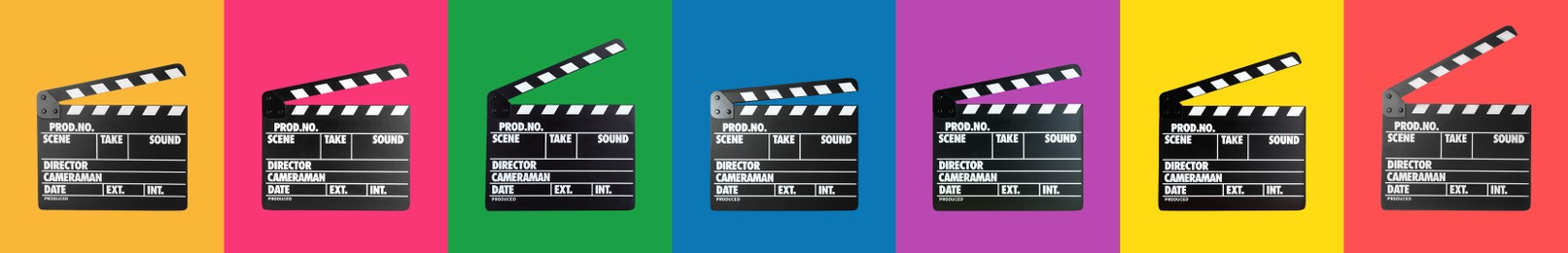 Set with clapperboards on different color backgrounds. Banner design