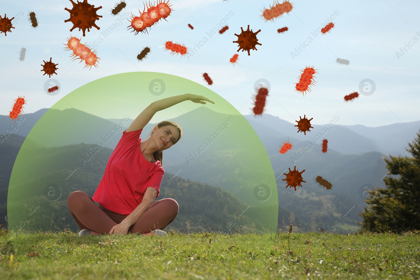 Image of Happy woman practicing yoga in mountains. Bubble around her symbolizing strong immunity blocking viruses, illustration