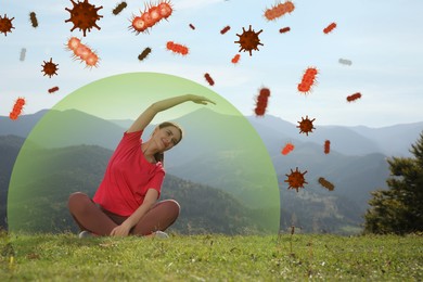 Happy woman practicing yoga in mountains. Bubble around her symbolizing strong immunity blocking viruses, illustration