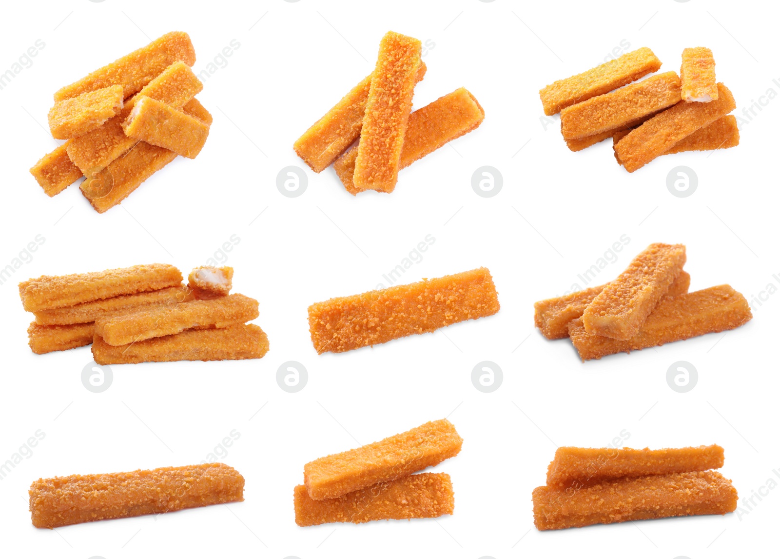 Image of Set with delicious fish fingers on on white background