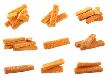 Image of Set with delicious fish fingers on on white background