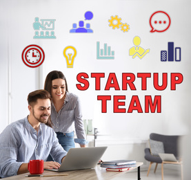 Image of Business people working and different icons in office. Startup team