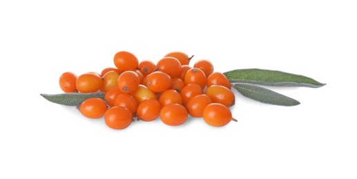 Photo of Fresh ripe sea buckthorn berries on white background