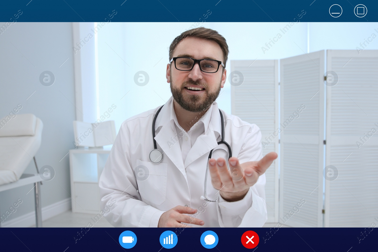 Image of Pediatrician consulting patient online using video chat in clinic, view from webcam