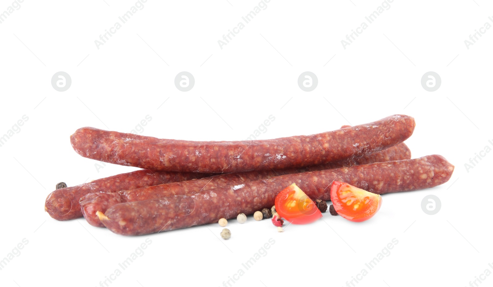 Photo of Tasty sausages on white background. Meat product