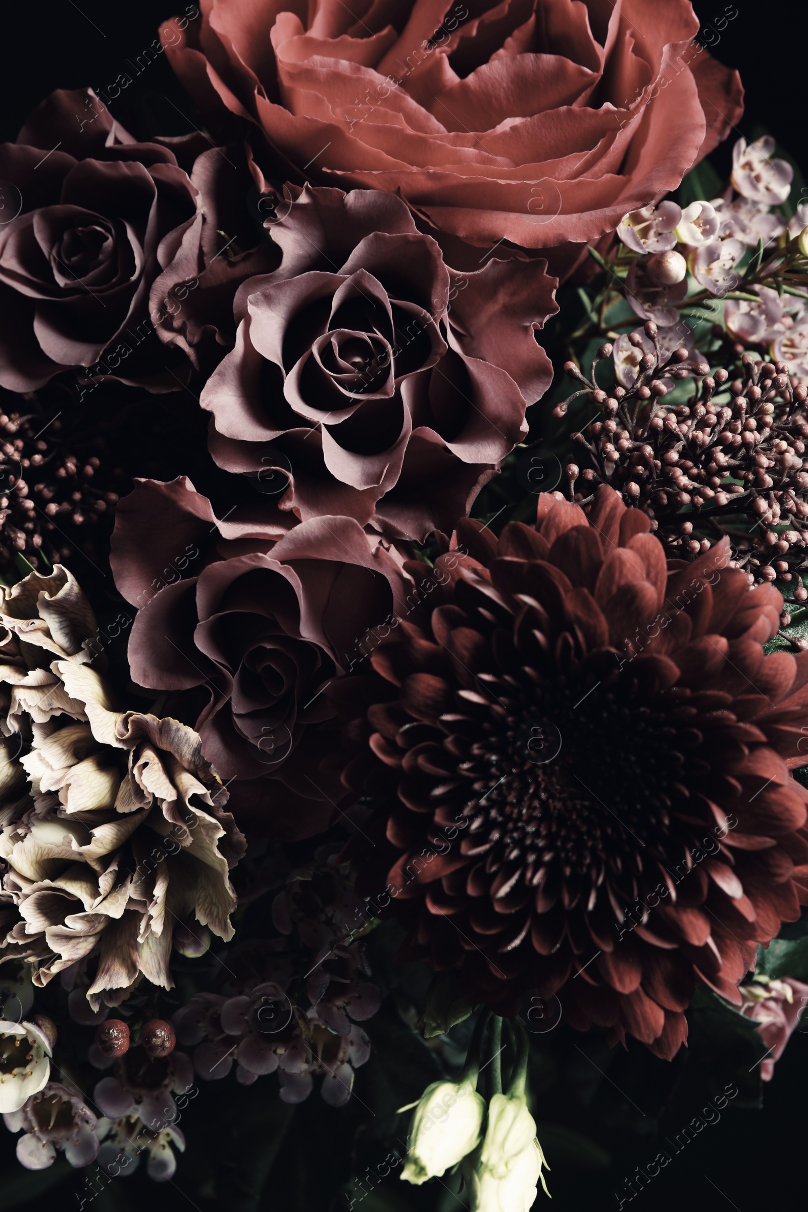 Photo of Beautiful bouquet of different flowers, closeup. Floral card design with dark vintage effect