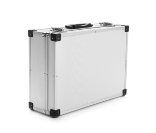 Photo of Modern silver suitcase on white background