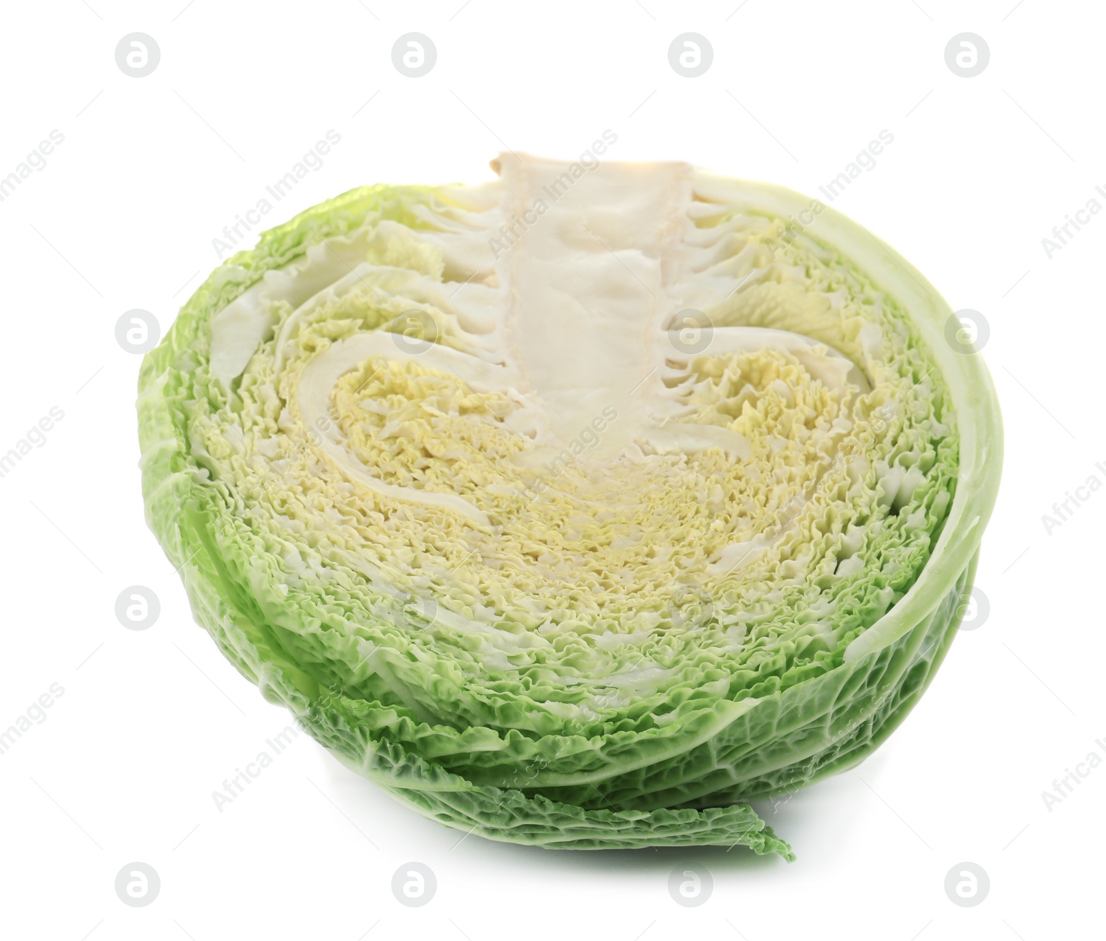 Photo of Fresh cut savoy cabbage on white background