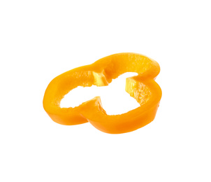 Photo of Slice of ripe orange bell pepper isolated on white