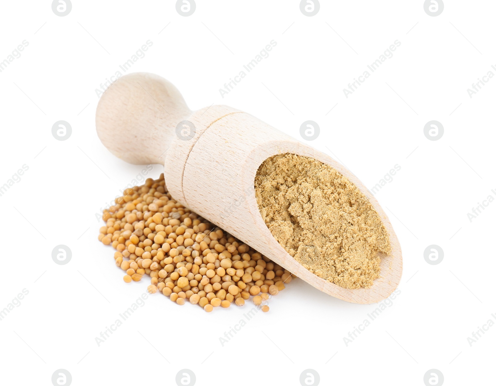 Photo of Wooden scoop with aromatic mustard powder and seeds on white background