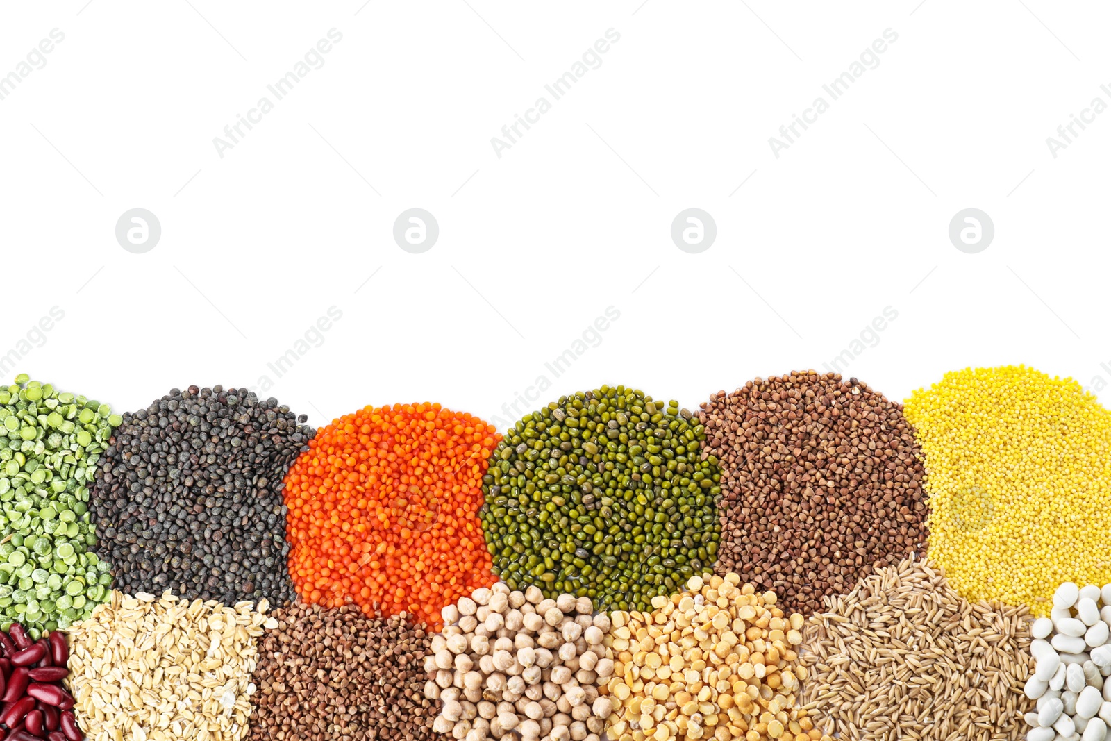 Photo of Different grains and cereals on white background, top view