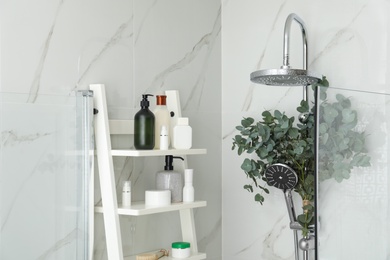 Branches with green eucalyptus leaves in shower