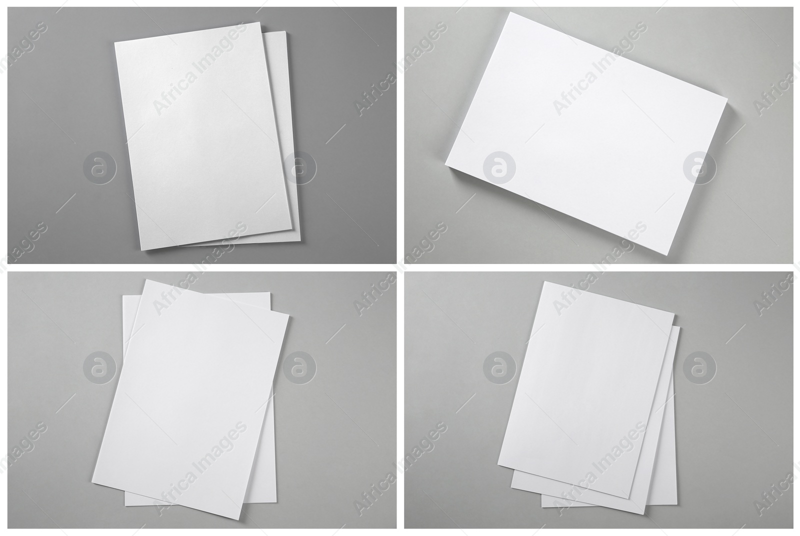Image of Open blank brochures on grey background, top view. Collage