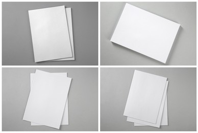 Open blank brochures on grey background, top view. Collage