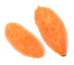 Halves of fresh sweet potato on white background, top view