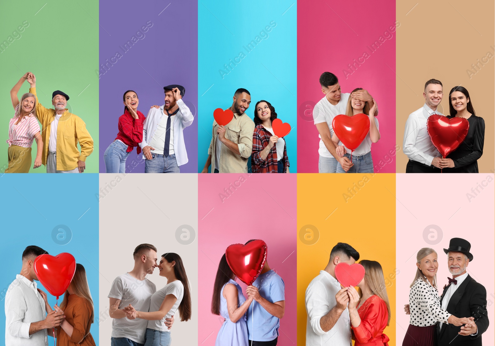 Image of Romantic date. Different lovely couples on color backgrounds, set of photos