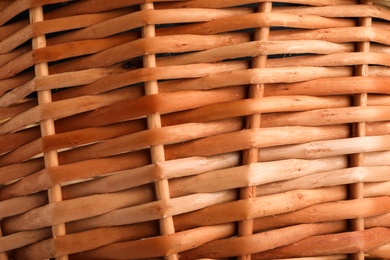 Photo of Handmade wicker basket made of natural material as background, closeup view