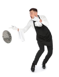 Photo of Clumsy waiter dropping empty tray on white background