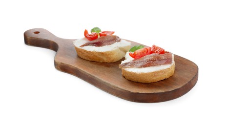 Photo of Delicious sandwiches with cream cheese, anchovies, tomatoes and basil on white background