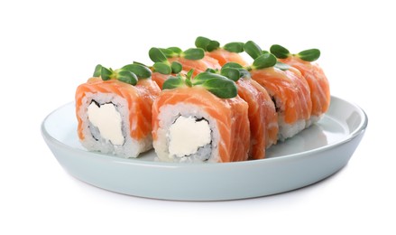 Photo of Tasty sushi rolls with salmon on white background
