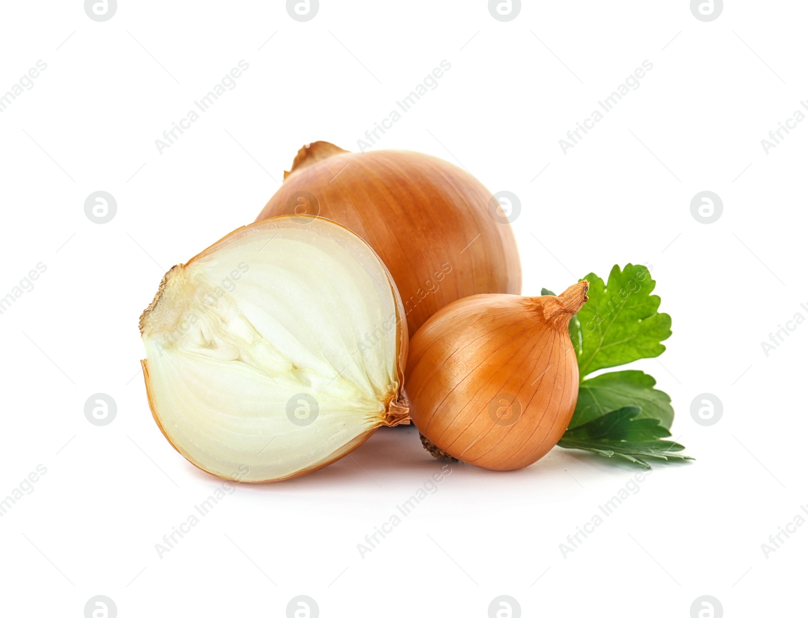 Photo of Fresh ripe onions on white background