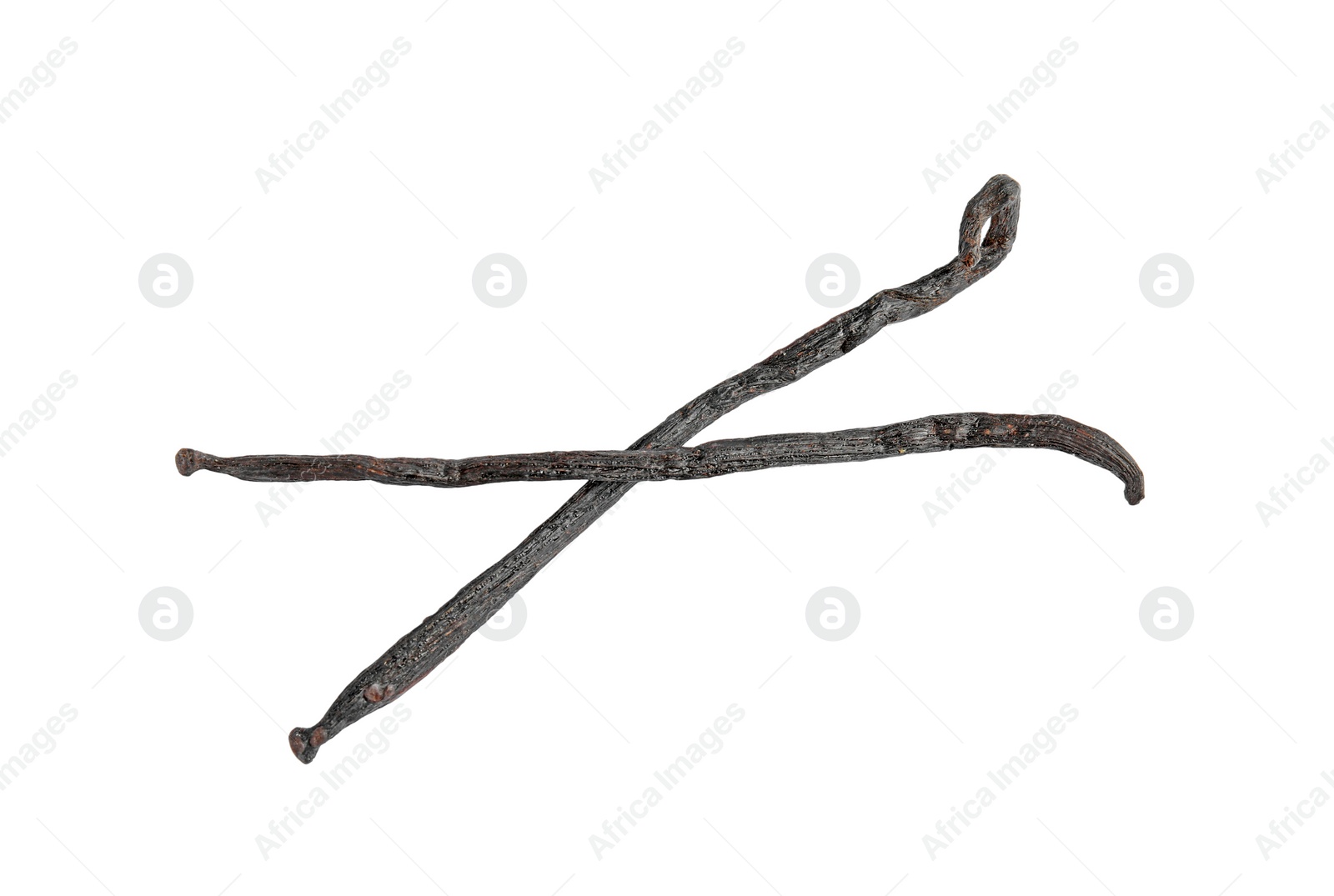 Photo of Dried aromatic vanilla sticks on white background, top view