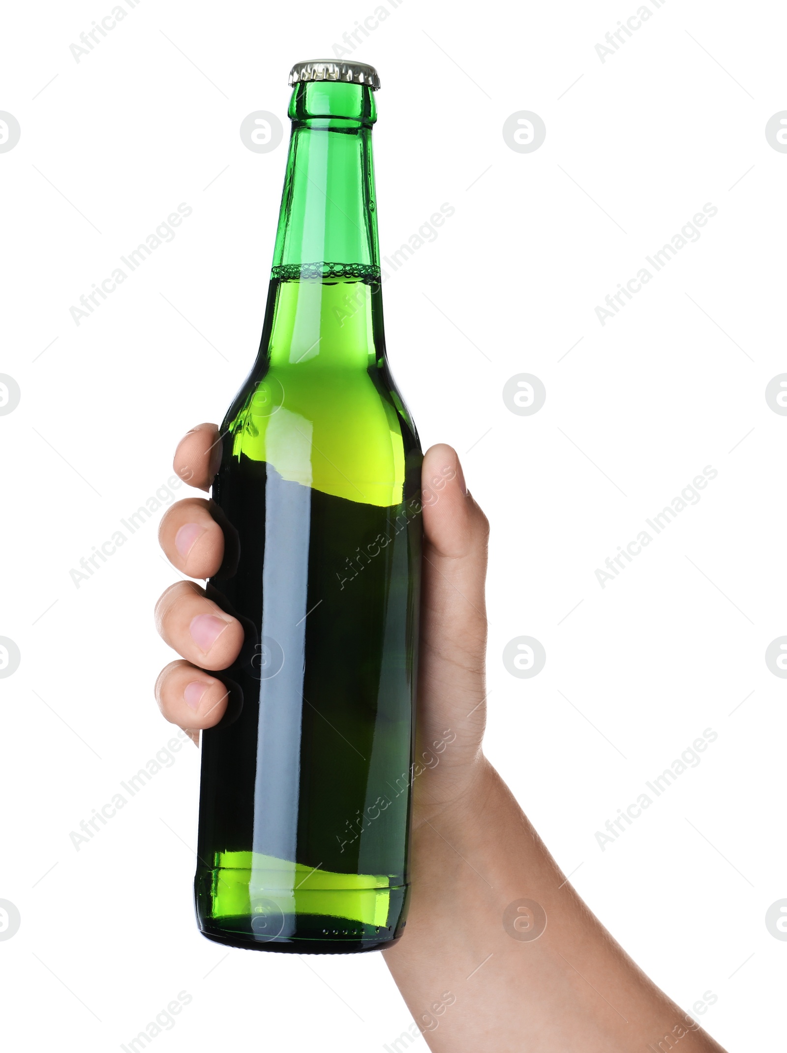 Photo of Man holding green bottle with beer on white background, closeup