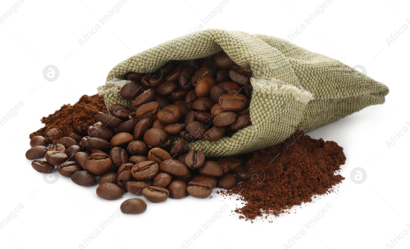 Photo of Coffee grounds and roasted beans on white background