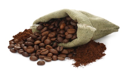 Coffee grounds and roasted beans on white background