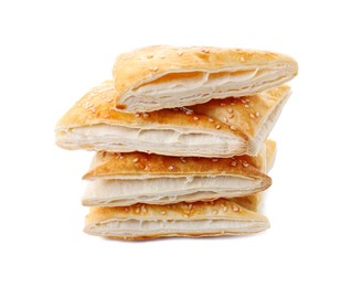 Stack of delicious fresh puff pastries isolated on white