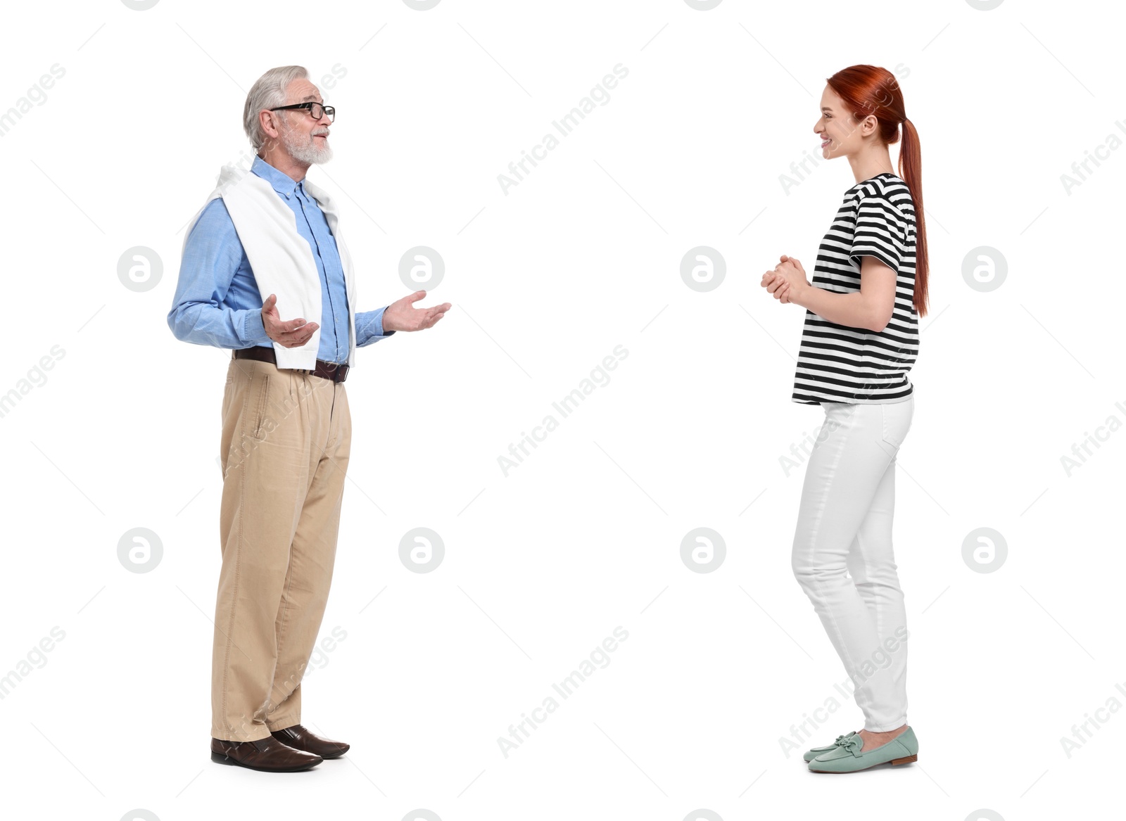 Image of Young woman and senior man talking on white background. Dialogue