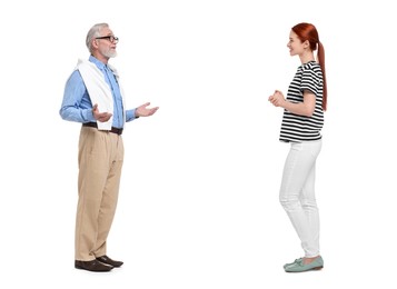 Image of Young woman and senior man talking on white background. Dialogue