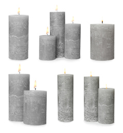 Image of Set of burning grey candles on white background