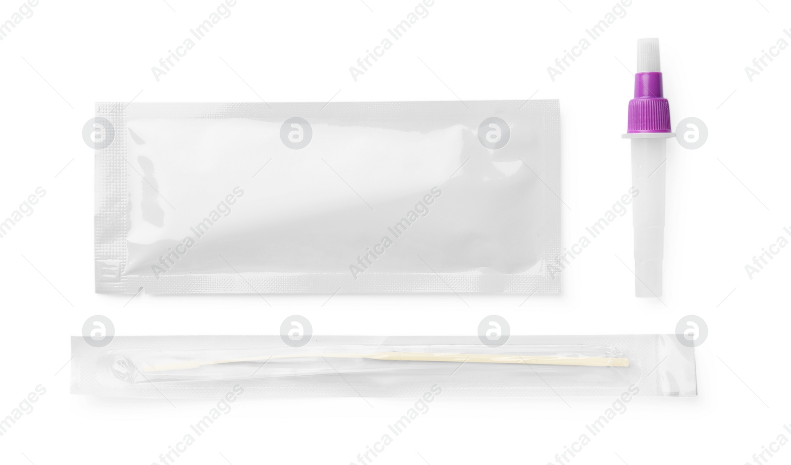 Photo of Covid-19 express test kit on white background, flat lay