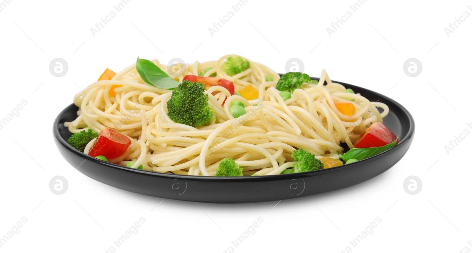 Photo of Plate of delicious pasta primavera isolated on white