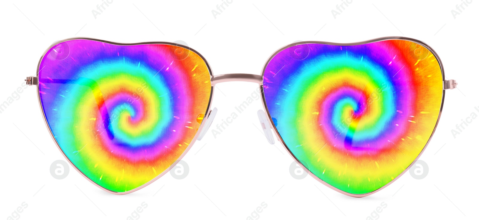 Image of Hippie accessory. Stylish heart shaped sunglasses with bright spiral pattern on lenses on white background