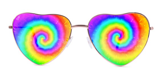 Hippie accessory. Stylish heart shaped sunglasses with bright spiral pattern on lenses on white background