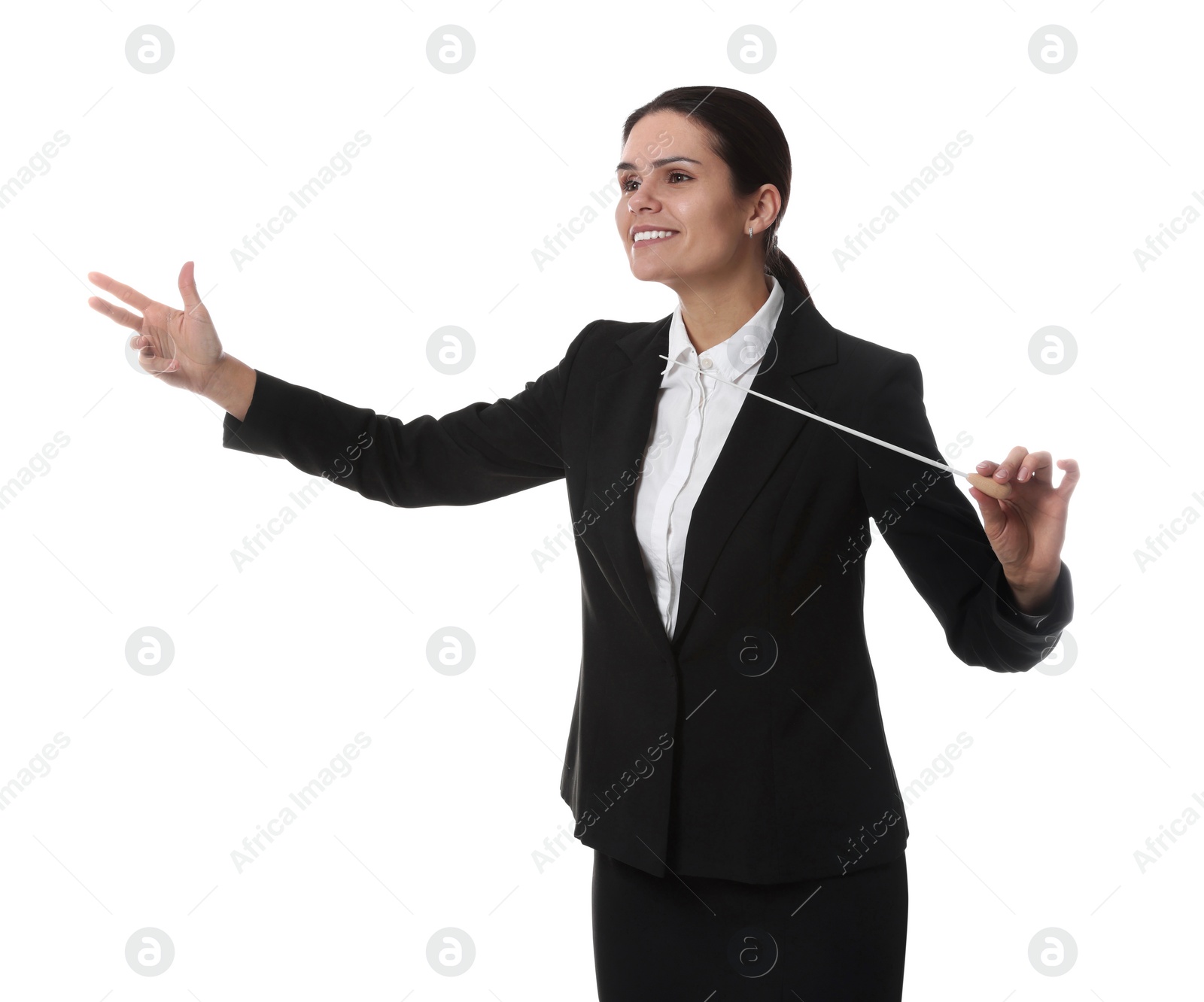 Photo of Happy young conductor with baton on white background