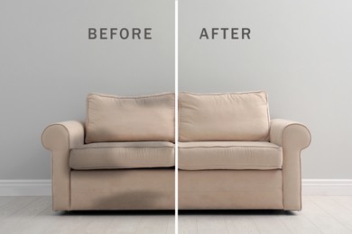 Image of Sofa before and after dry-cleaning indoors, collage